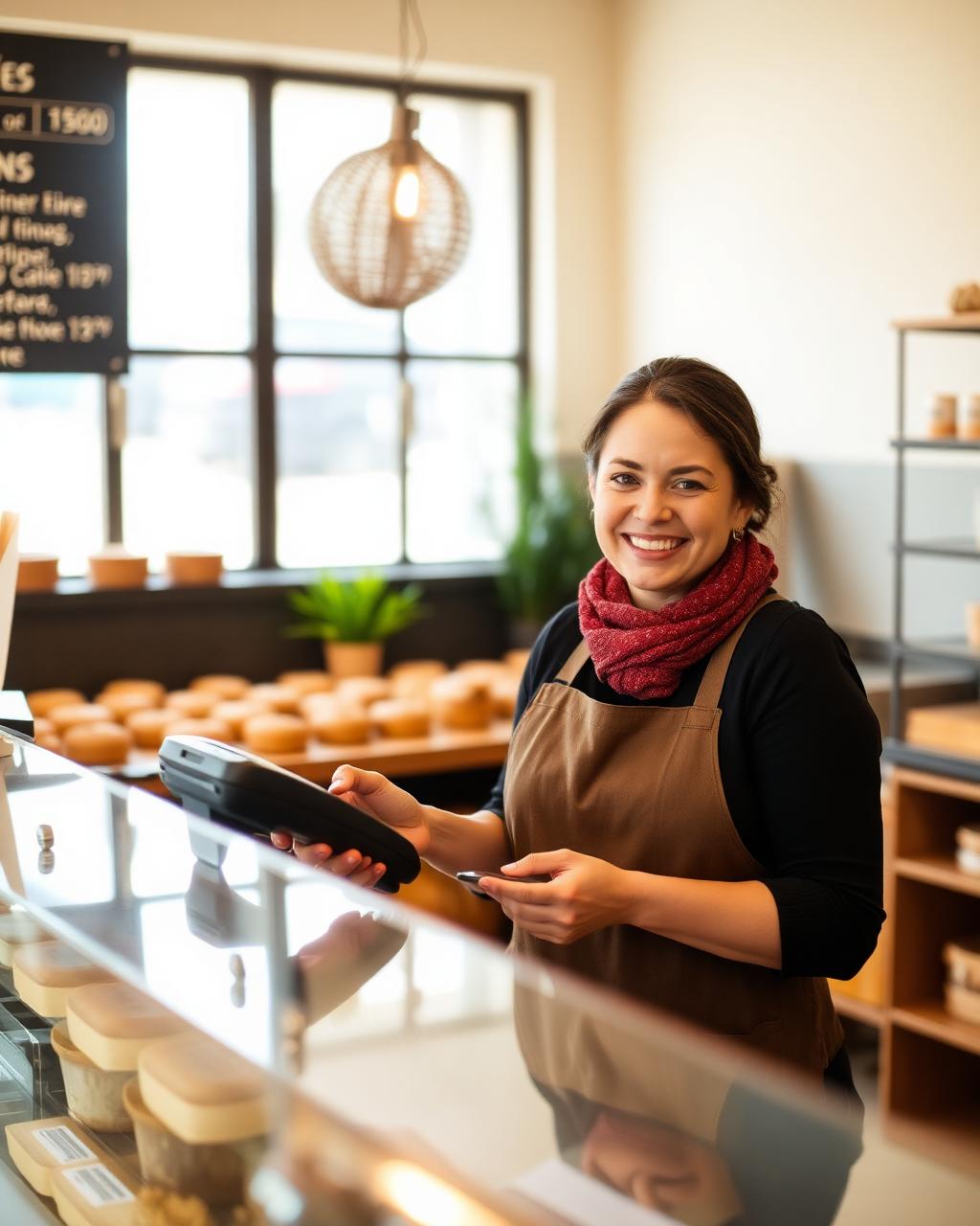 Commerçante souriante utilisant un terminal de paiement dans sa boutique